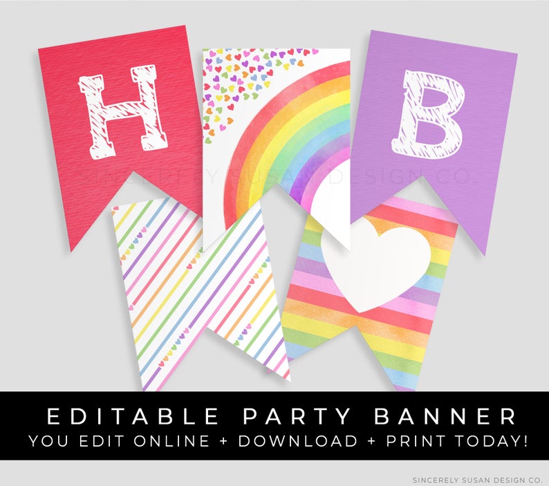 Rainbow Birthday Banner Printable Party Decorations Editable Rainbow Hearts Confetti Bunting Instant Download Template, Corjl #016