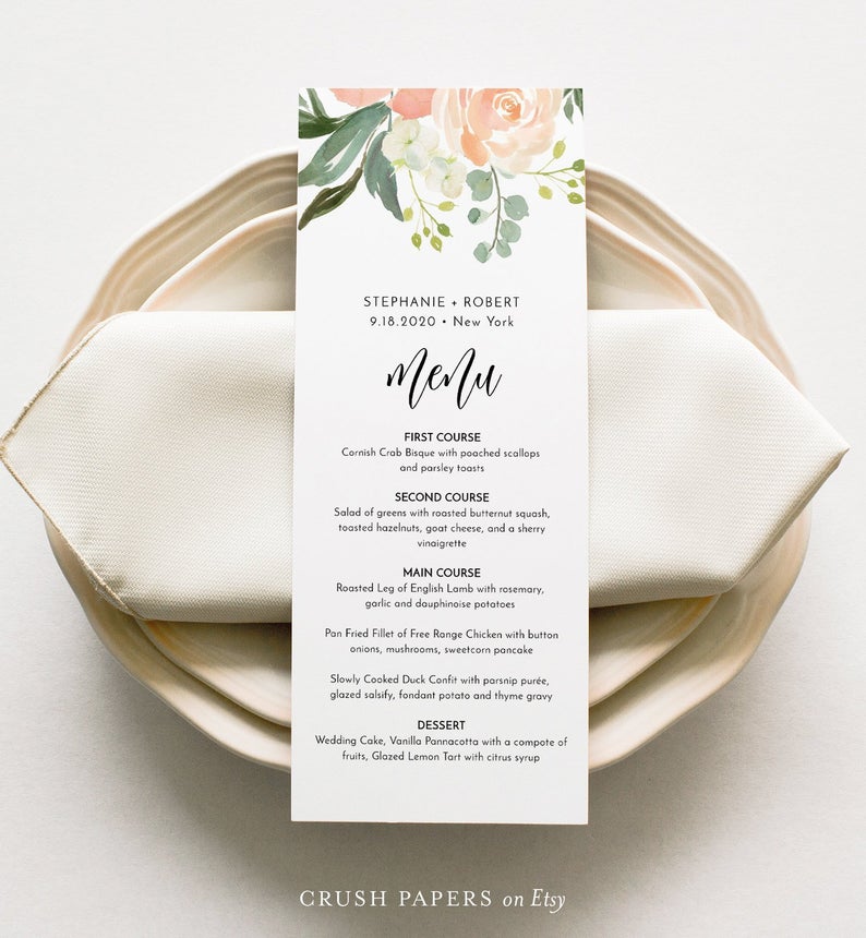 Boho Wedding Menu Template, Peach Floral & Greenery, Printable Dinner Menu, Bridal Shower Menu, Editable Text, INSTANT DOWNLOAD #003-203WM