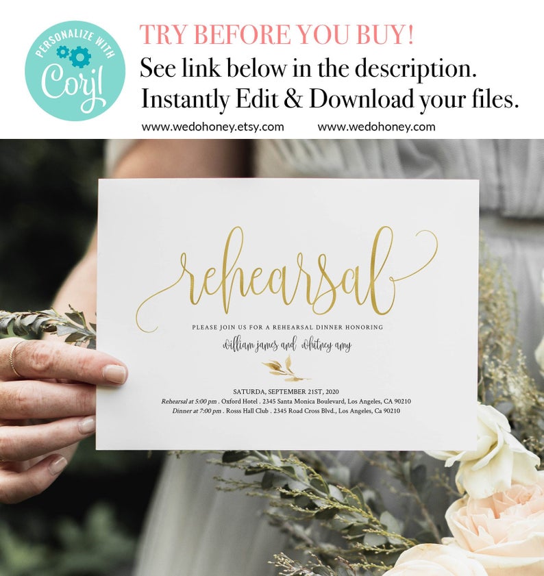 Gold Rehearsal Dinner Invitation Template, Instant Download, Editable Calligraphy