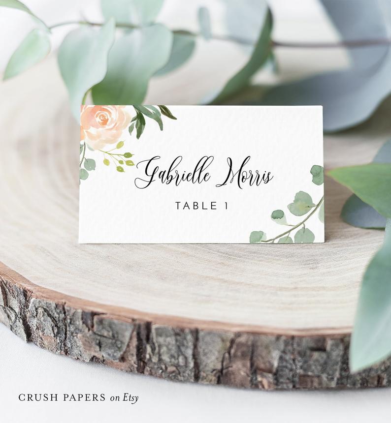 Place Card Template, Printable Wedding Escort Card, Editable Name Cards, Peach Floral Greenery, Editable, Instant Download, Corjl #003-203PC