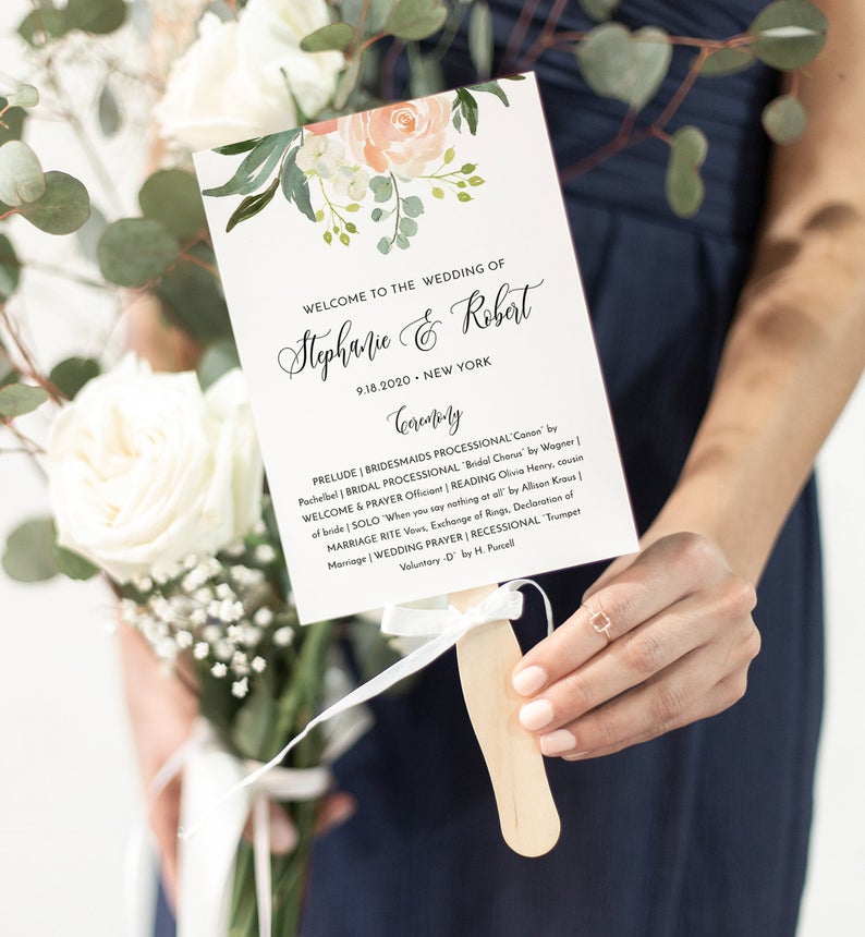 Wedding Program Template, Fan Program or Flat 5×7 Program, Boho Peach Floral Order of Service, Ceremony, INSTANT DOWNLOAD, Corjl #003-303WP