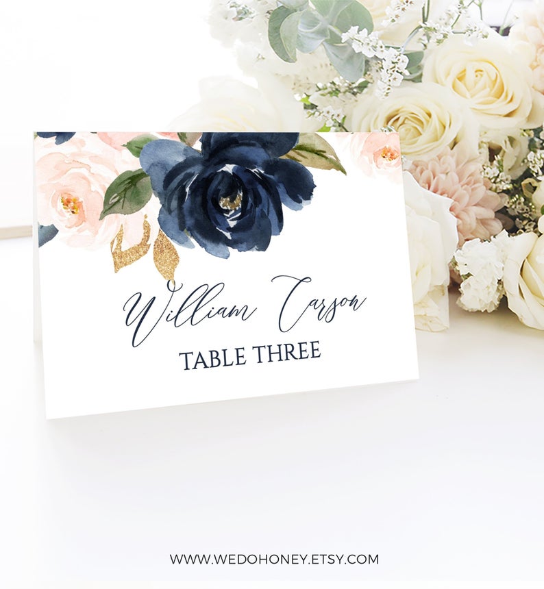 Navy Pink Floral Place Cards, Escort Card, Flat and Folded, Instant Download #021