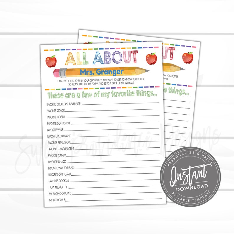 EDITABLE Teacher Survey, Printable Teacher’s Favorite Things Questionnaire, Few of My Favorite Things, Gift Appreciation- Instant Access