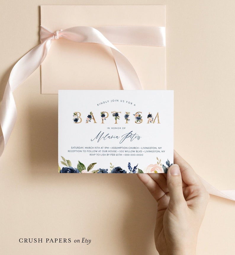 Baptism Invitation Template, Navy Blue & Blush Floral, Printable Girl or Boy Baptism Invite, Editable, Instant Download, Corjl #002-205BC