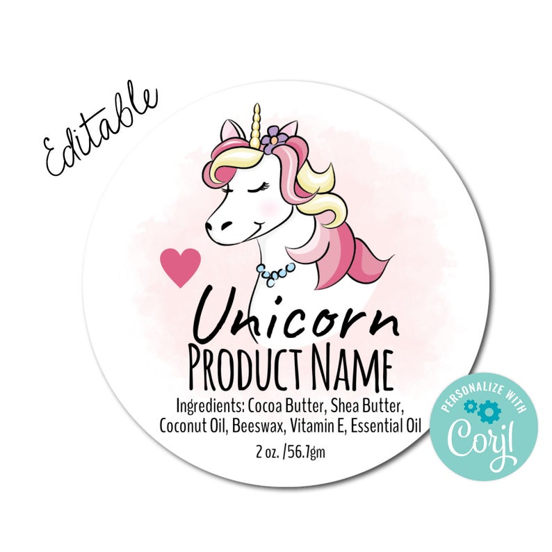 Unicorn Round Product Label. Edit, Customize w/ Corjl Online. Download & Print. Packaging for Candles, Soap, Lotions, Jars, Food, and Gifts