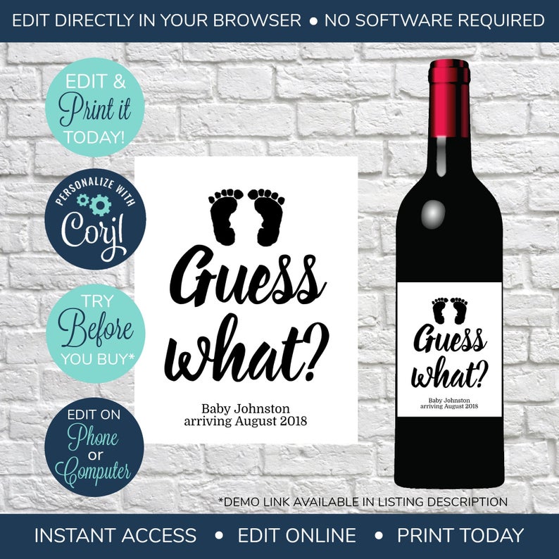 EDITABLE Pregnancy Announcement, Baby Reveal Wine Label, Guess What, Wine Bottle Lables, New Baby Announcement, Baby Announcement