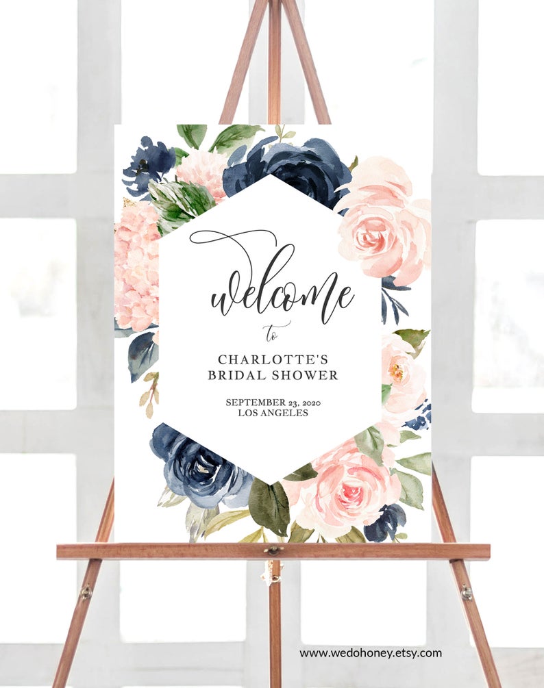 Navy Blush Welcome Sign, Pink Floral Welcome Poster Printable, Instant Download, Editable #021