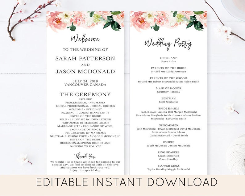 WEDDING Program Card, Wedding Program Card Template, Editable Wedding program Card, Floral Wedding program Card – 001
