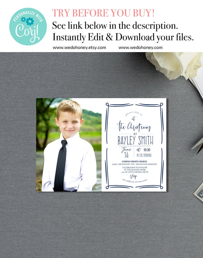 LDS Baptism Boy Photo Invitation, Editable Text, Instant Download