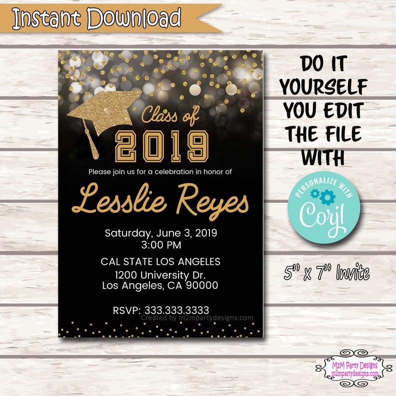 Graduation Invitation, School Graduation Invitations Template, College Grad Glitter Gold Digital file, Instant Download DIY Editable Corjl