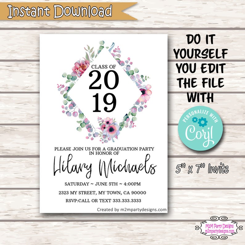 Graduation Invitation, School Graduation Invitations Template, College Grad Digital file, Black and Gold Instant Download DIY Editable Corjl