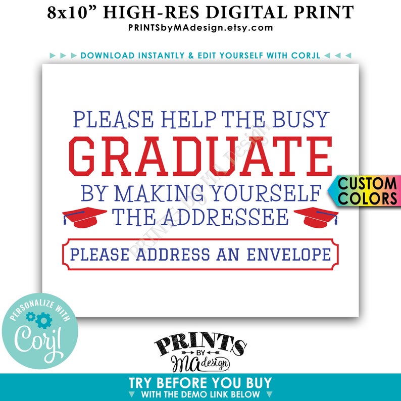 Address an Envelope Graduation Party Sign, Help the Busy Graduate, Thank You Card, PRINTABLE 8×10” Sign