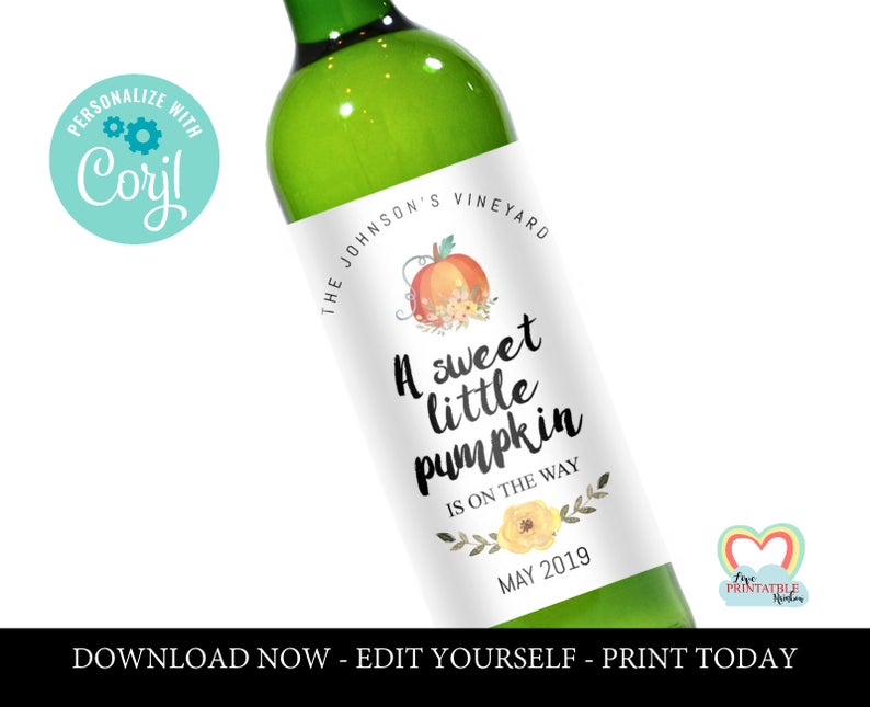 EDITABLE wine bottle label, pregnancy announcement wine label printable, sweet little pumpkin, fall baby wine label, corjl wine label
