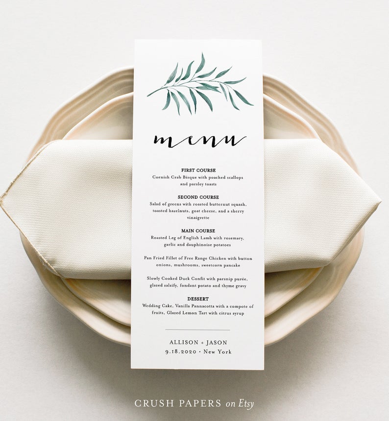 Greenery Wedding Menu Template, Printable Rustic Boho Dinner Menu, Bridal Shower Menu, Editable, INSTANT DOWNLOAD, Corjl, DIY #007-207WM