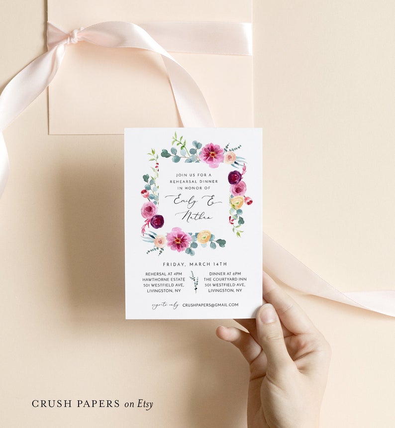 Garden Rehearsal Dinner Invitation Template, Printable Wedding Rehearsal Invite, Rose & Peony, Editable, Instant Download, Corjl #005-204RD