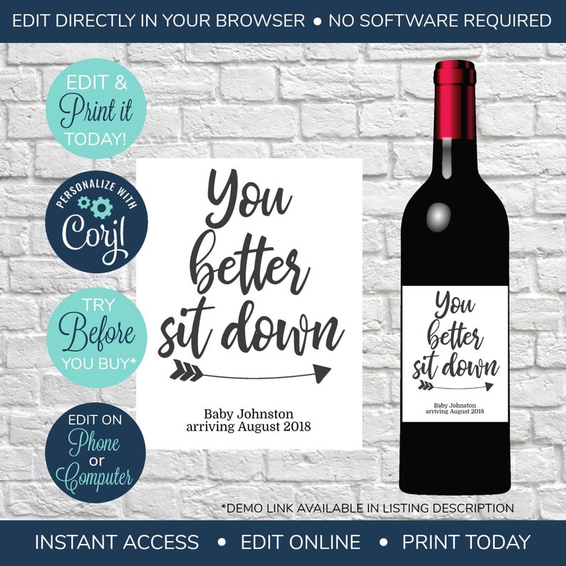 EDITABLE Pregnancy Announcement, Baby Reveal Wine Label, You Better Sit Down, Wine Bottle Lables, New Baby Announcement, Baby Announcement