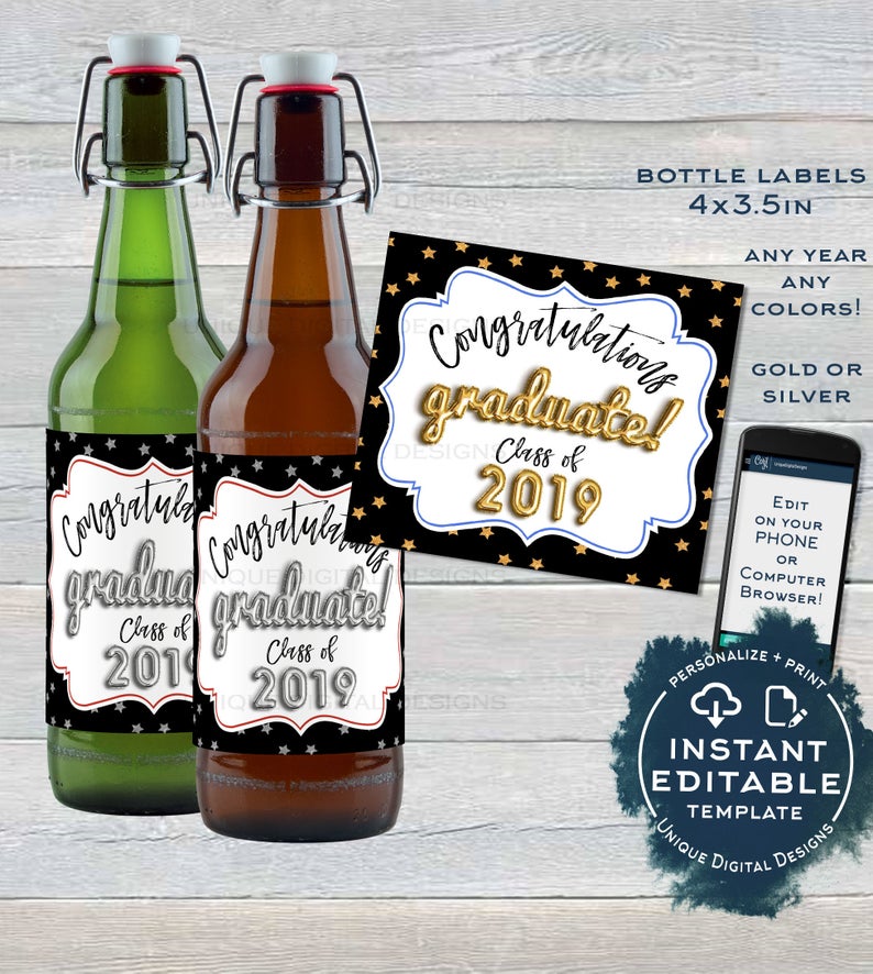 Graduation Beer Bottle Label, Editable Beer Label Sticker, College Class of 2019 Party Decoration, Personalized Printable INSTANT ACCESS