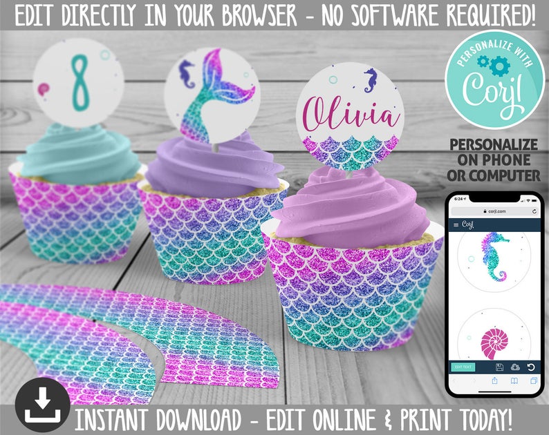 Mermaid Cupcake Toppers and Wraps – INSTANT DOWNLOAD – Printable Mermaid Cupcake Wrappers – Holders – Personalize with Corjl & Print – MM1