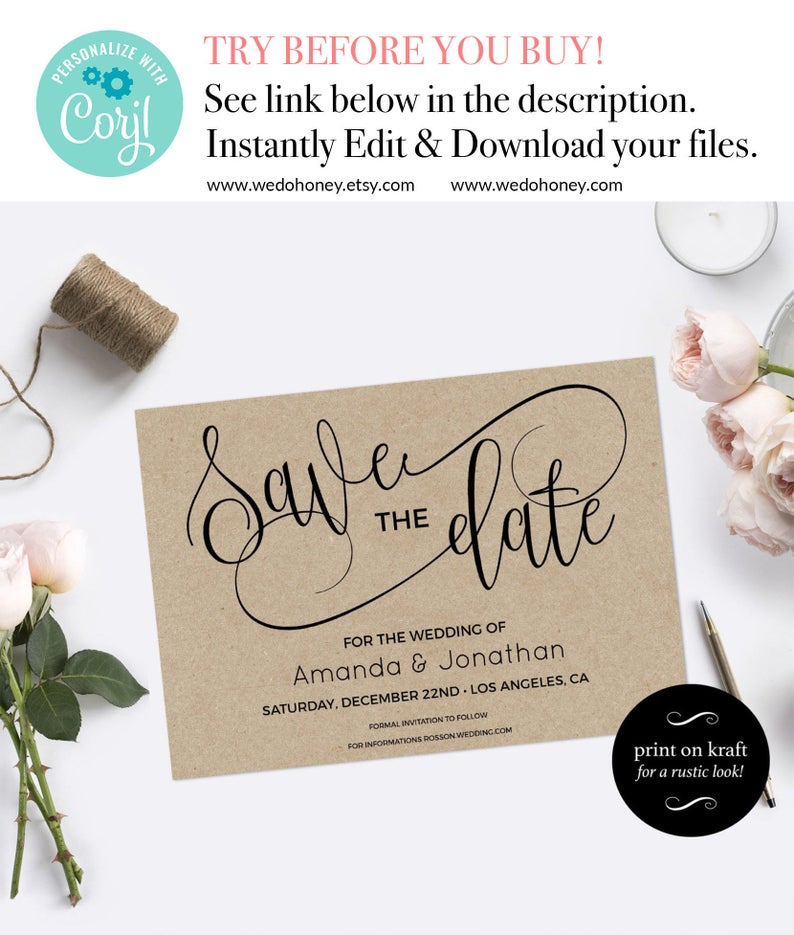Save the Date Template, Rustic and Modern Wedding, Fully Editable Text with Corjl, Any Color, Downloadable Wedding #WDH070