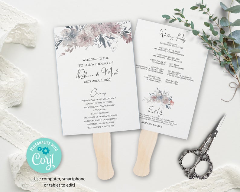 Sensuelle Mauve Fan Program, Printable Wedding Program, Unique Wedding Programs, Instant Download, Corjl, Dora