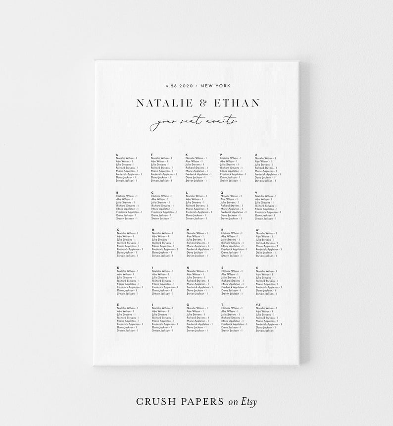 Seating Chart Poster Template, Alphabetic / Table No. Order, 100% Editable, INSTANT DOWNLOAD, Minimalist Wedding Seating Plan #006-205SC