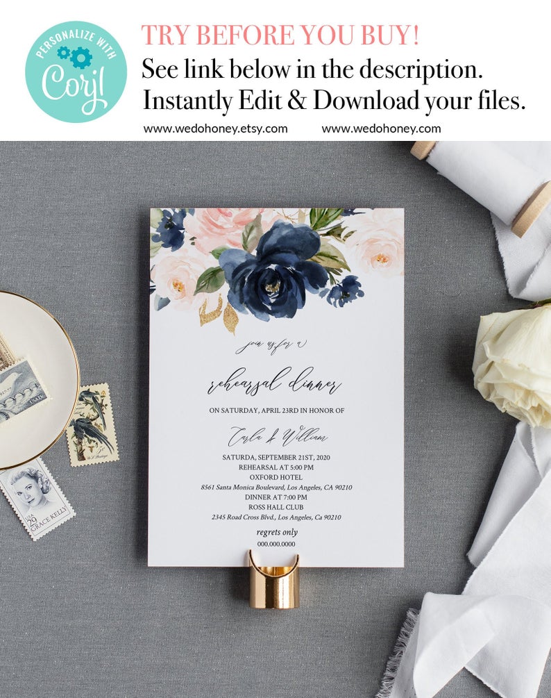 Navy & Pink Blush Floral Rehearsal Dinner Invitation, Instant Download, Editable Text