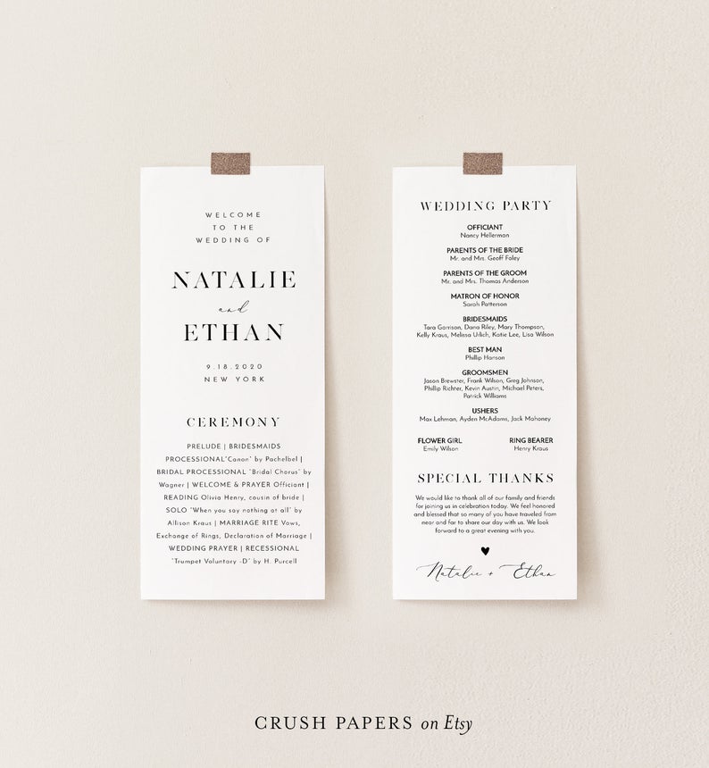 Minimalist Wedding Program Template, Printable Order of Service, Modern and Clean, 100% Editable, INSTANT DOWNLOAD, Corjl #006-206WP