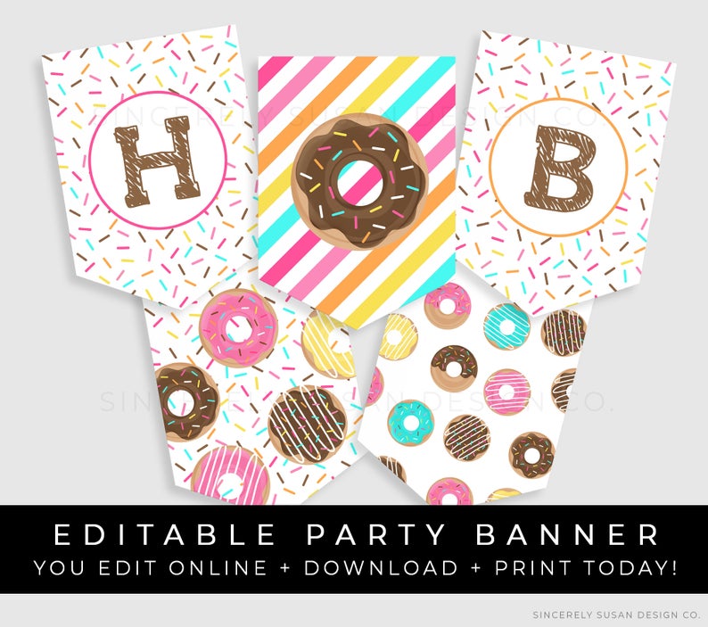 Donut Birthday Banner Party Decorations Rainbow Sprinkles Personalized Printable Bunting Editable Instant Template Download, Corjl #005