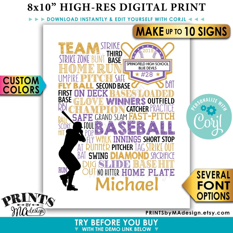Personalized Baseball Signs, Baseball Team Gifts, Baseball Seniors Graduation Party, Ten PRINTABLE 8×10″ Signs