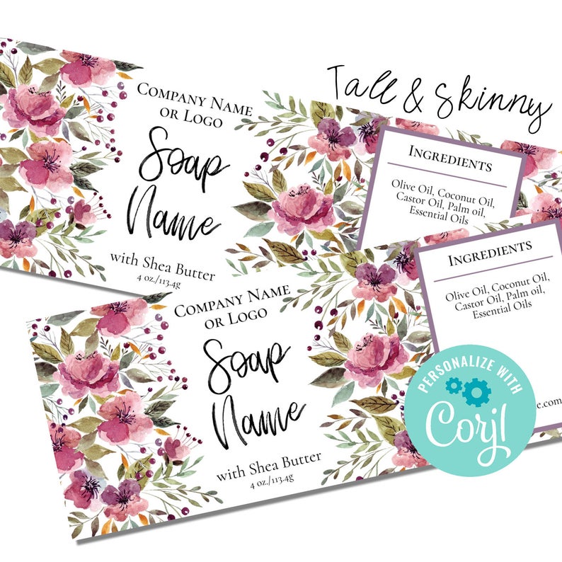 Tall and Skinny Floral Watercolor Soap Label Template. Cigar Band Soap Packaging. Customize/Personalize with Corjl Online. Download & Print.
