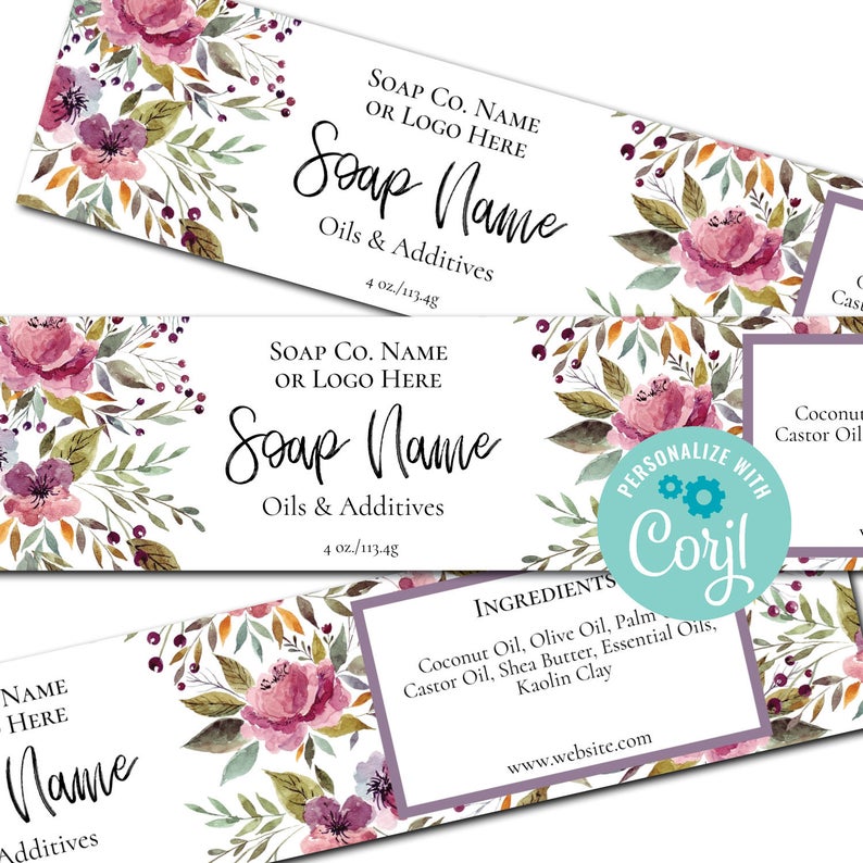 Floral Watercolor Soap Label White Horizontal Cigar Band Packaging Customizable Personalize with Corjl in Browser Download & Print