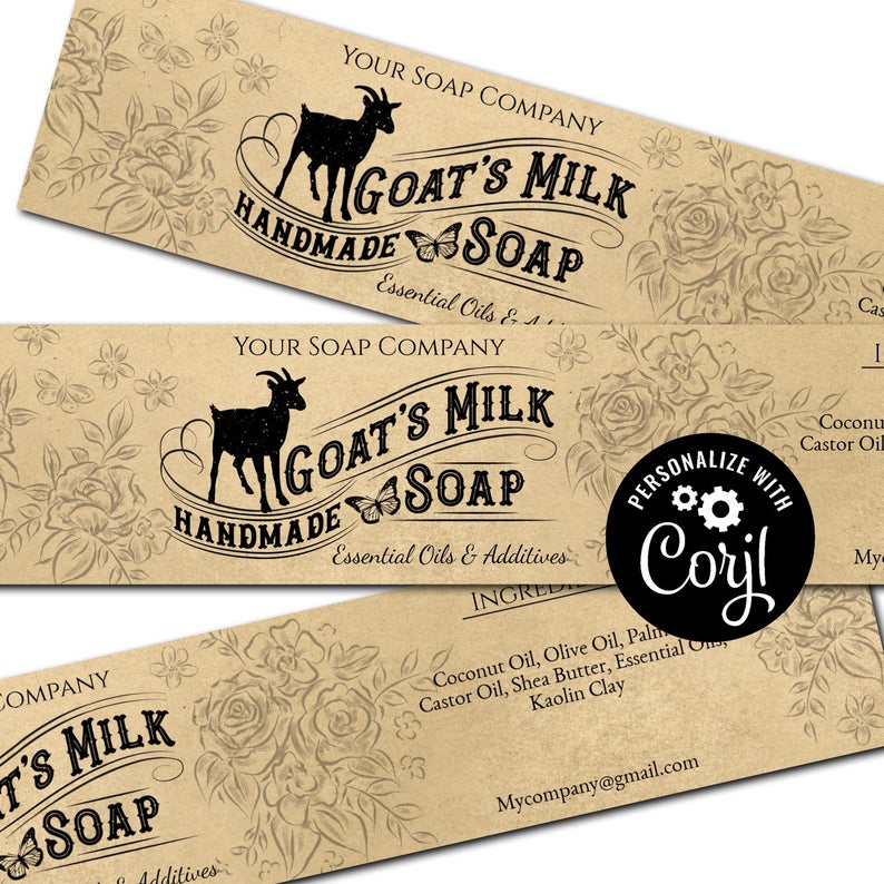 Goat’s Milk Handmade Soap on Kraft Paper Label Horizontal Packaging Cigar Band Customizable Personalize w/ Corjl Online Download and Print