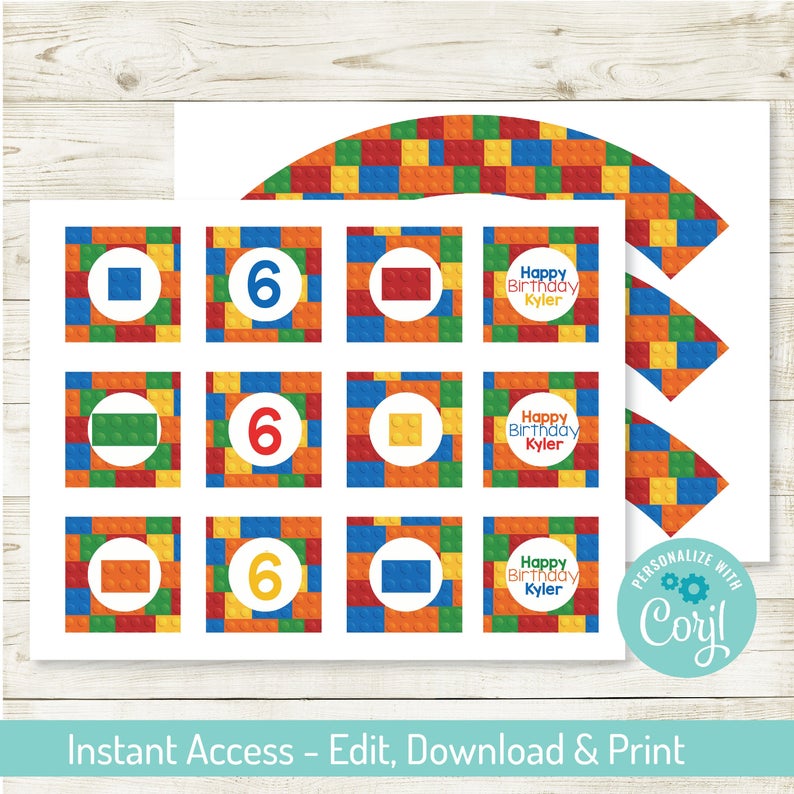 Building Block Party 2″ Cupcake Toppers- Editable, Block Birthday Party, Instant Download,Printable, Personalize with Corjl