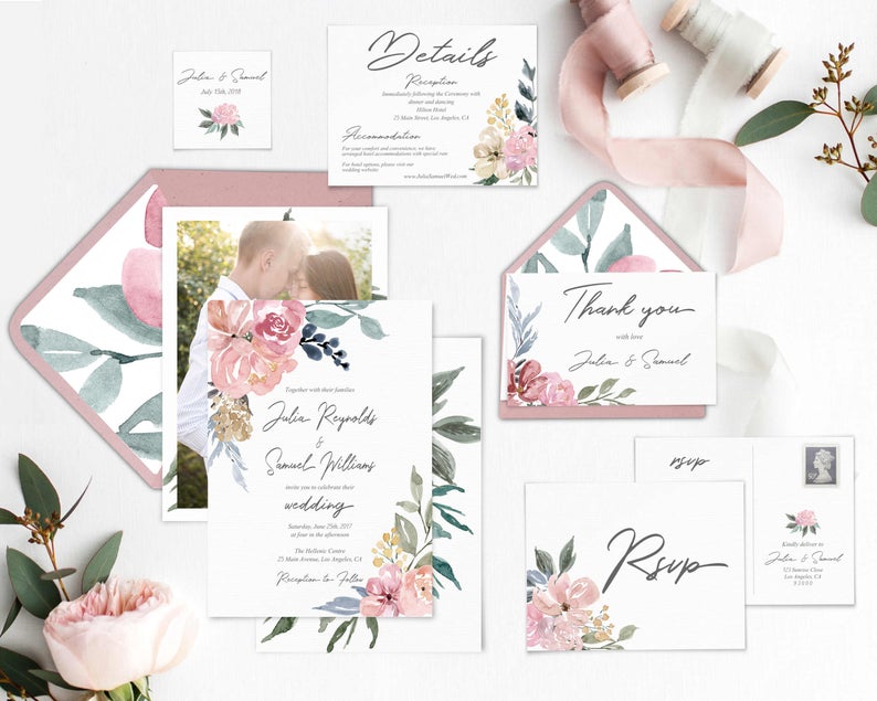 Wedding Invitation Bundle, Printable Editable Template Corjl, Set Kit, Mauve Greenery, Nude Watercolor Floral, with Photo, LDS Wedding, MN12