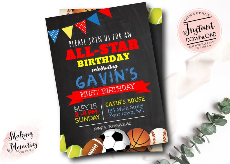 SPORTS birthday Invitation, All Star Invitation, Sports Invitation, Sports Birthday Invitation, Sports Party, Template, Instant Download