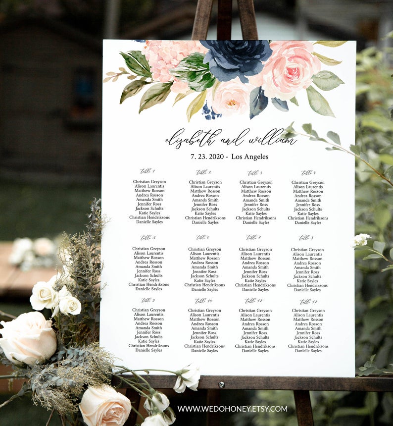 Navy and Pink Blush Floral Seating Chart, Editable Text, Instant Download #021