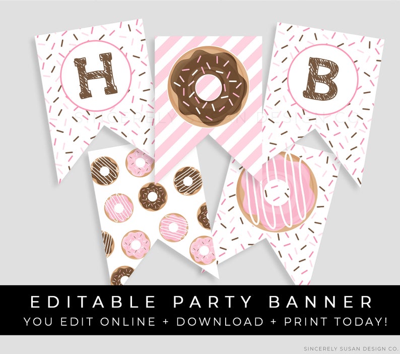 Pink Donut Birthday Banner Party Decorations for Girl Donuts Sprinkles Birthday Bunting Editable Printable Template Download, Corjl #004