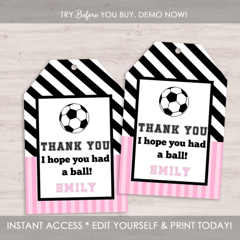 Soccer Favor Tags, Editable Soccer Party Favor Tags, Hang Tags, Birthday Favor Tag, Girl Soccer Birthday Favor Tag, Thank You Tag, Gift Tags