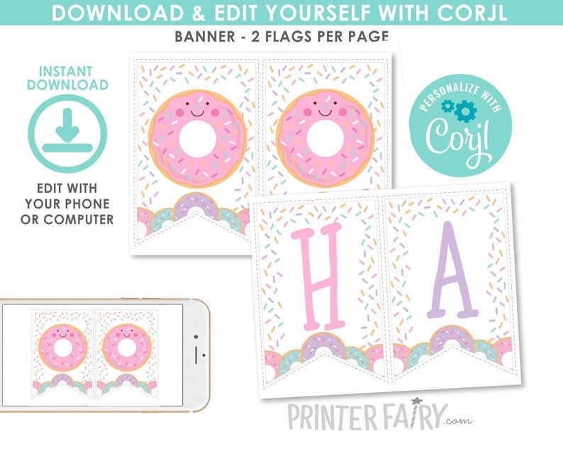 Donut Banner, EDITABLE,Donut Printable Banner, EDIT YOURSELF, Donut Birthday Decorations, Sprinkles Party, Instant Download