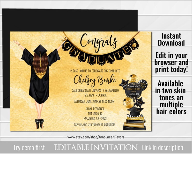 Modern Graduation Invitation, Girl Grad Invite, Electronic Editable Invitations