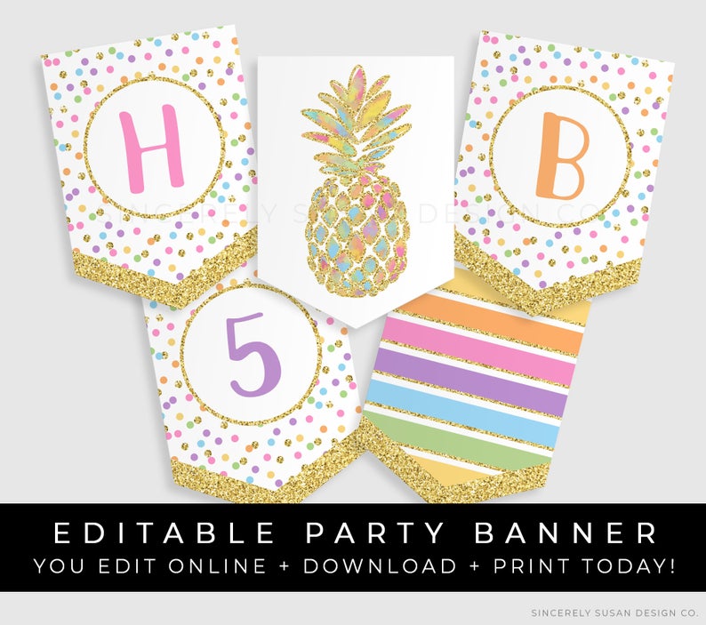 Pineapple Birthday Banner Aloha Luau Party Decorations Rainbow Confetti Glitter Bunting Editable Printable Template Download, Corjl #017