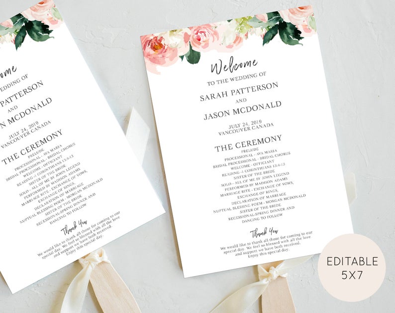 BLUSH WEDDING Program, Blush Wedding Program Card, Wedding Program Card Template, Fan Wedding Program Card – 001