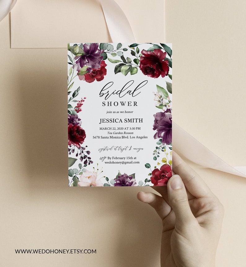 Floral Bridal Shower Invitation, Purple Floral, Red Flowers, Editable Text, Sizes: 5×7” and 4×6” #kiss_019