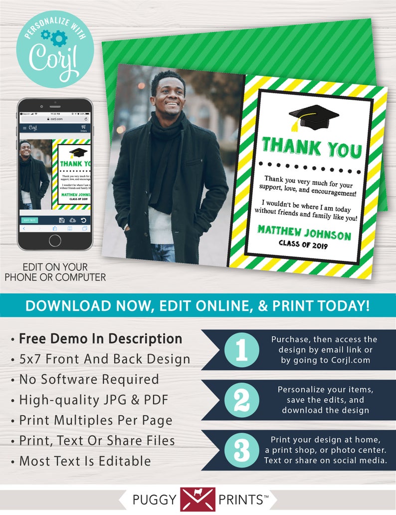 Graduation Thank You Card with Photo in Green and Yellow | Editable Template Online | Instant Download