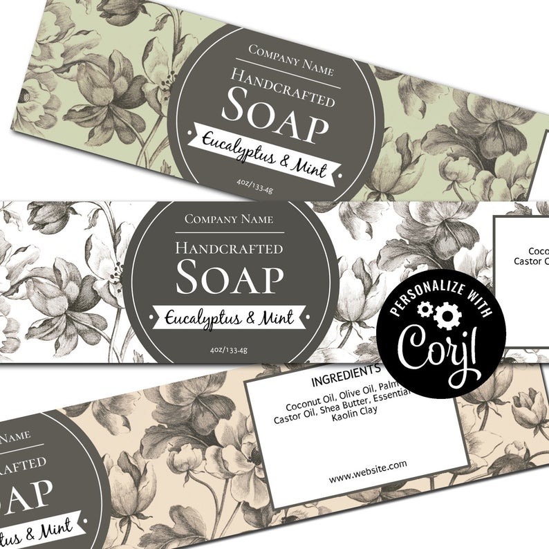 Soap Label – Etched Flowers Editable Soap Label. Horizontal Cigar Band Soap Packaging. Customize w/ Corjl Online. Download & Print
