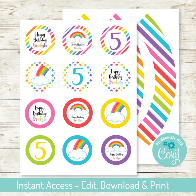Rainbow Party 2″ Cupcake Toppers- Editable, Rainbow Birthday Party, Rainbow Toppers, Instant Download,Printable, Personalize with Corjl