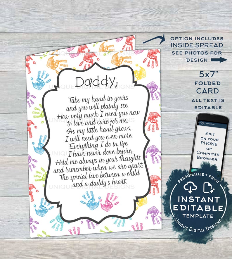 Personalized Fathers Day Card from Kids, Editable Last Minute Gift for Dad, Hand print Hold My Hand Poem, Custom Printable INSTANT ACCESS
