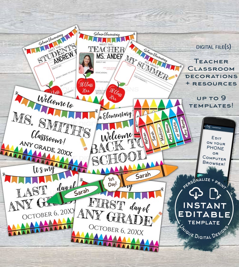 Teachers Classroom Decorations, Editable Back to School New Pack Crayons, Pta Door Meet your Teacher Printable Template INSTANT ACCESS UTCR