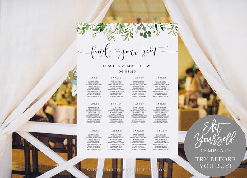 Greenery Wedding Seating Chart, Wedding Seating Plan, Wedding Sign, Editable seating plan, Fully Editable, Try Before You Buy, #17_G019430
