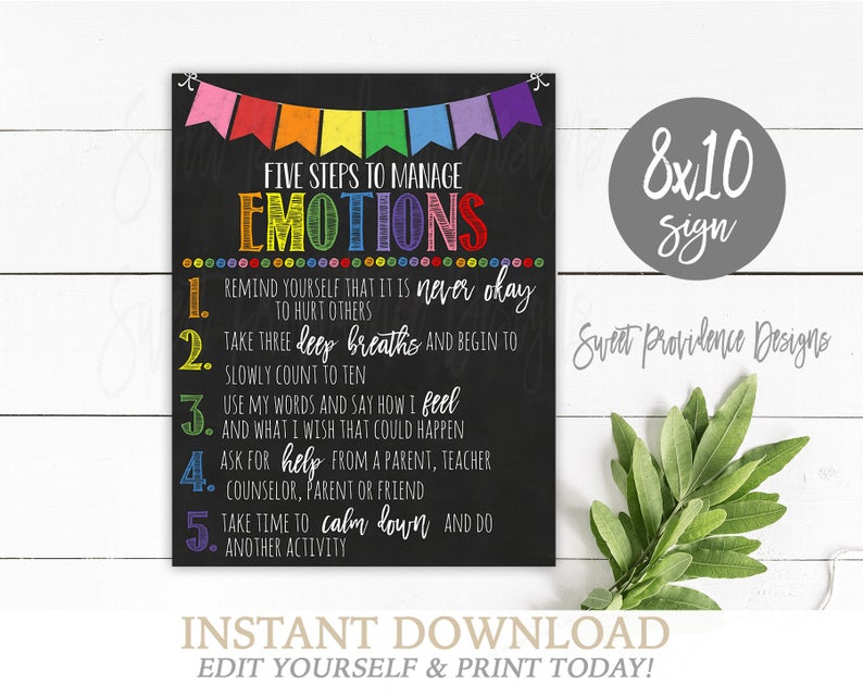 Classroom decor, School Counselor Sign, 5 Steps to Manage Emotions Feelings Poster, Counselor Office Printable, High School Poster Art